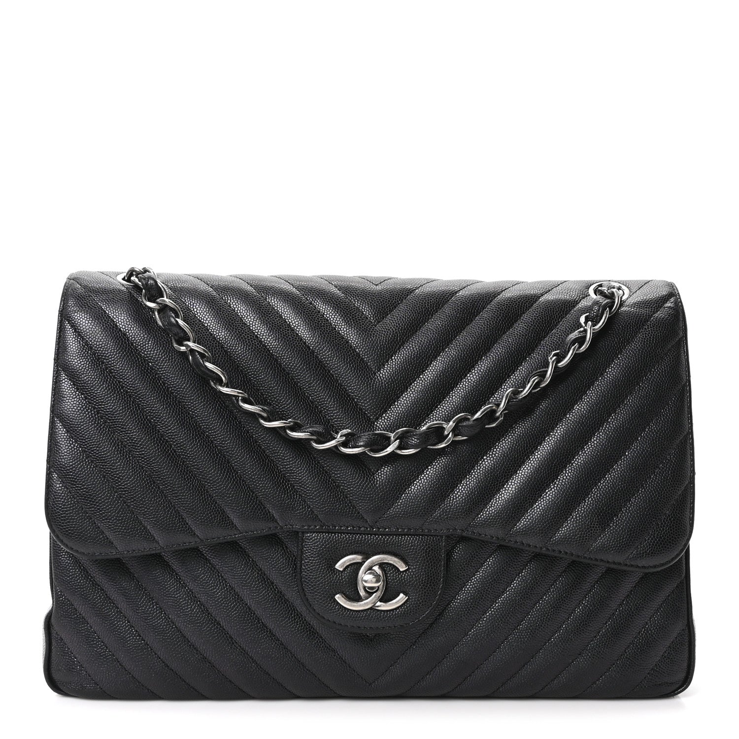 Iridescent Caviar Chevron Quilted Jumbo Double Flap Black