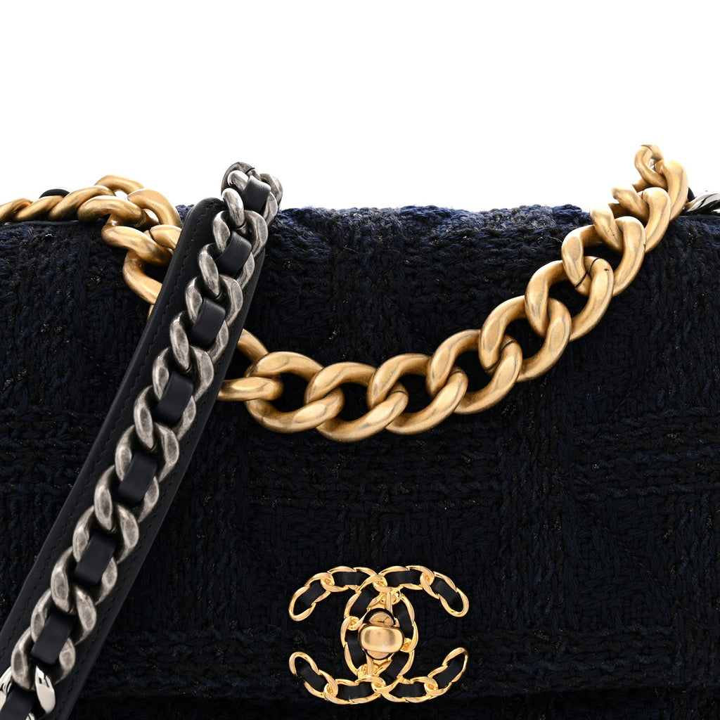 Tweed Quilted Large Chanel 19 Flap Navy Blue
