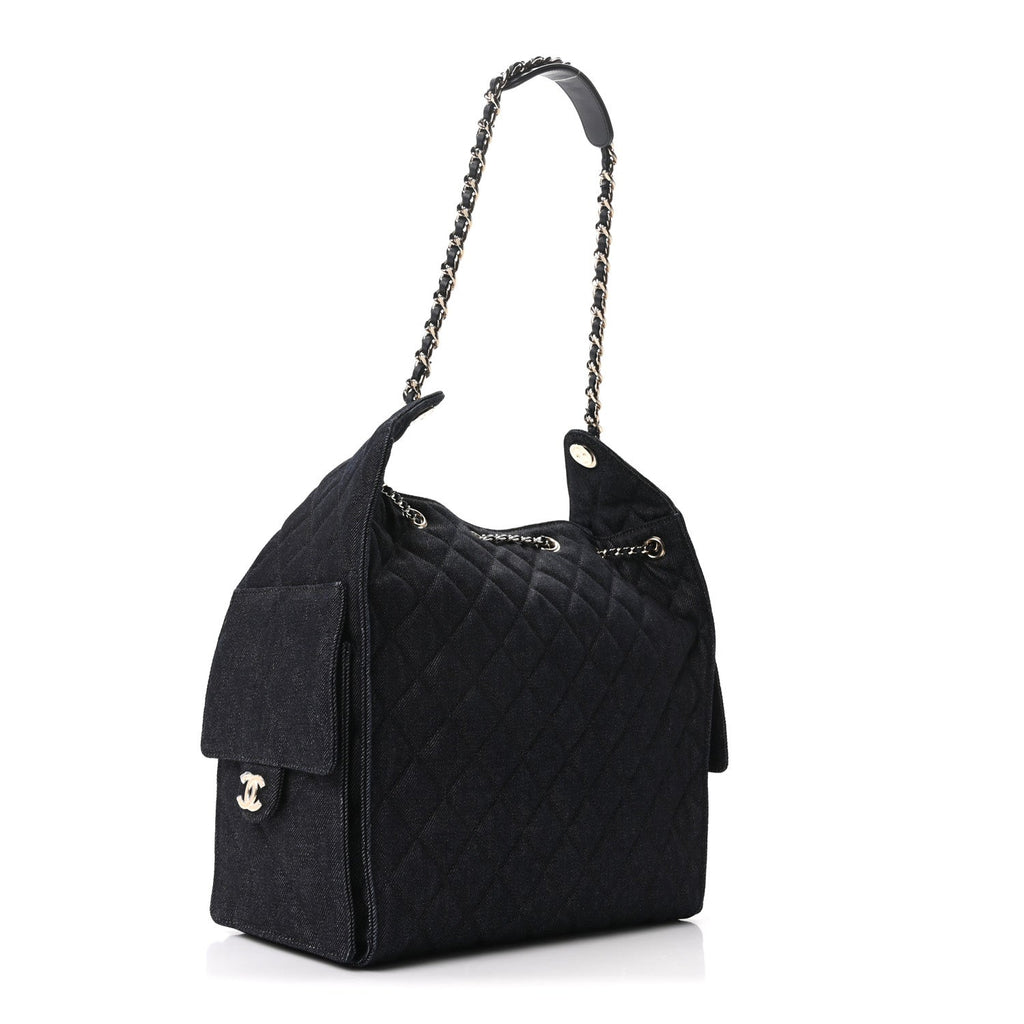 Denim Quilted Medium Chanel 25 Handbag Dark Blue