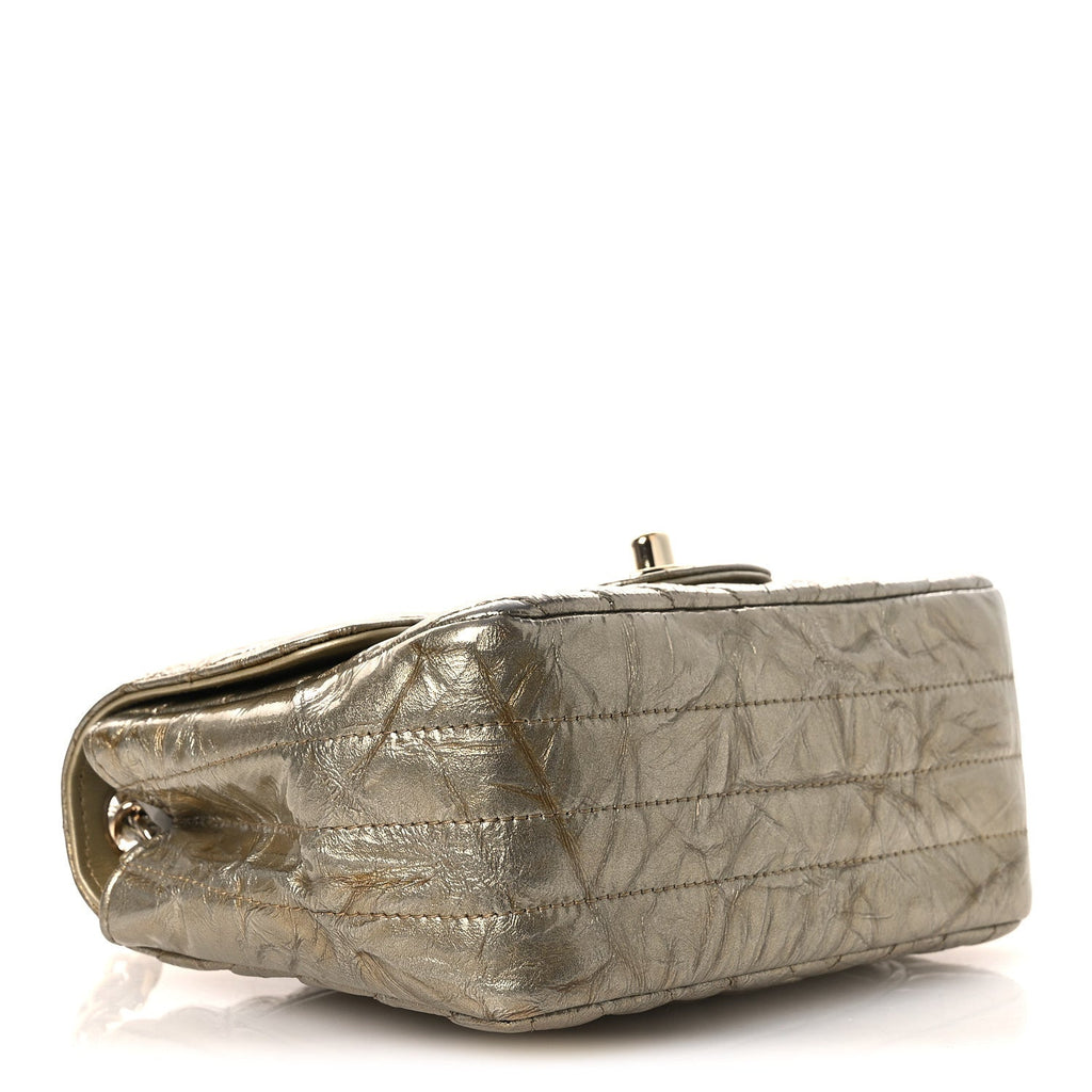 Metallic Crumpled Calfskin Chevron Quilted Mini Square Flap Gold