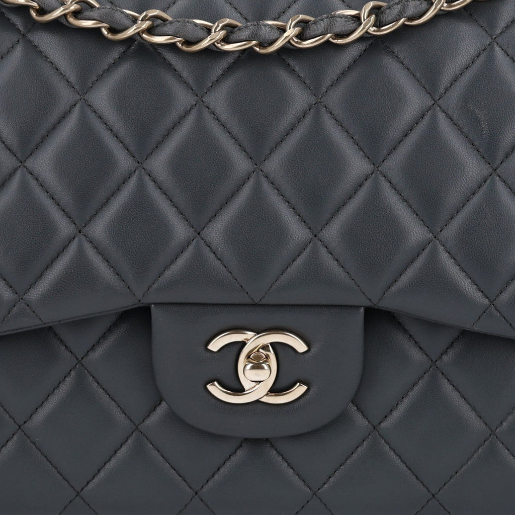 Lambskin Quilted Jumbo Double Flap Dark Grey