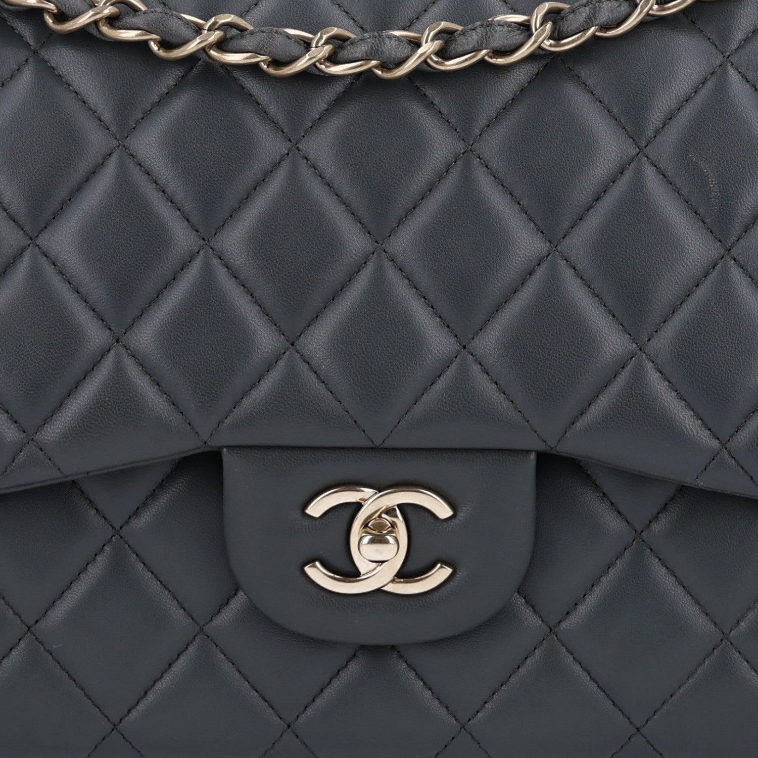 Lambskin Quilted Jumbo Double Flap Dark Grey