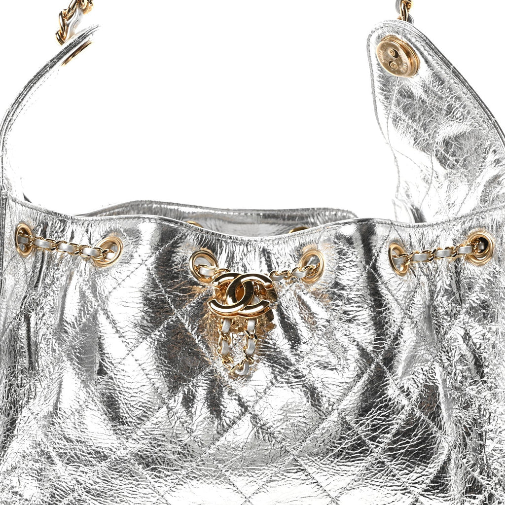Metallic Aged Calfskin Quilted Small Chanel 25 Handbag Silver