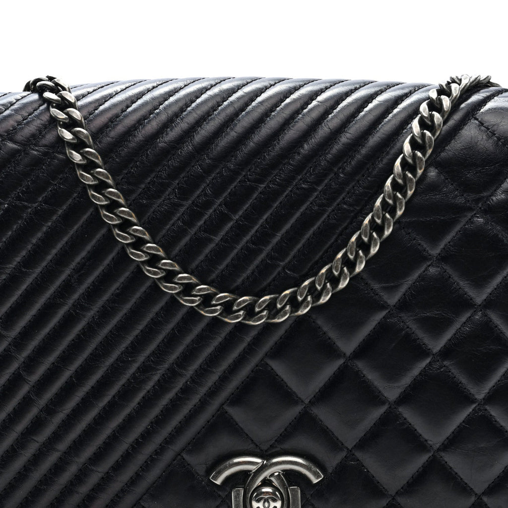 Glazed Calfskin Quilted Large Coco Boy Flap Black