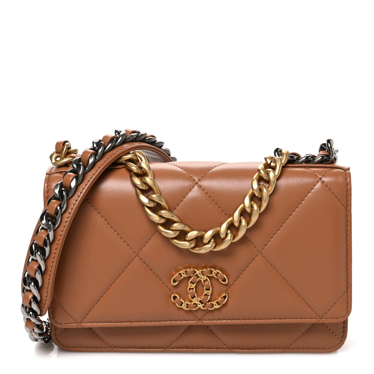 Lambskin Quilted Chanel 19 Wallet On Chain WOC Brown