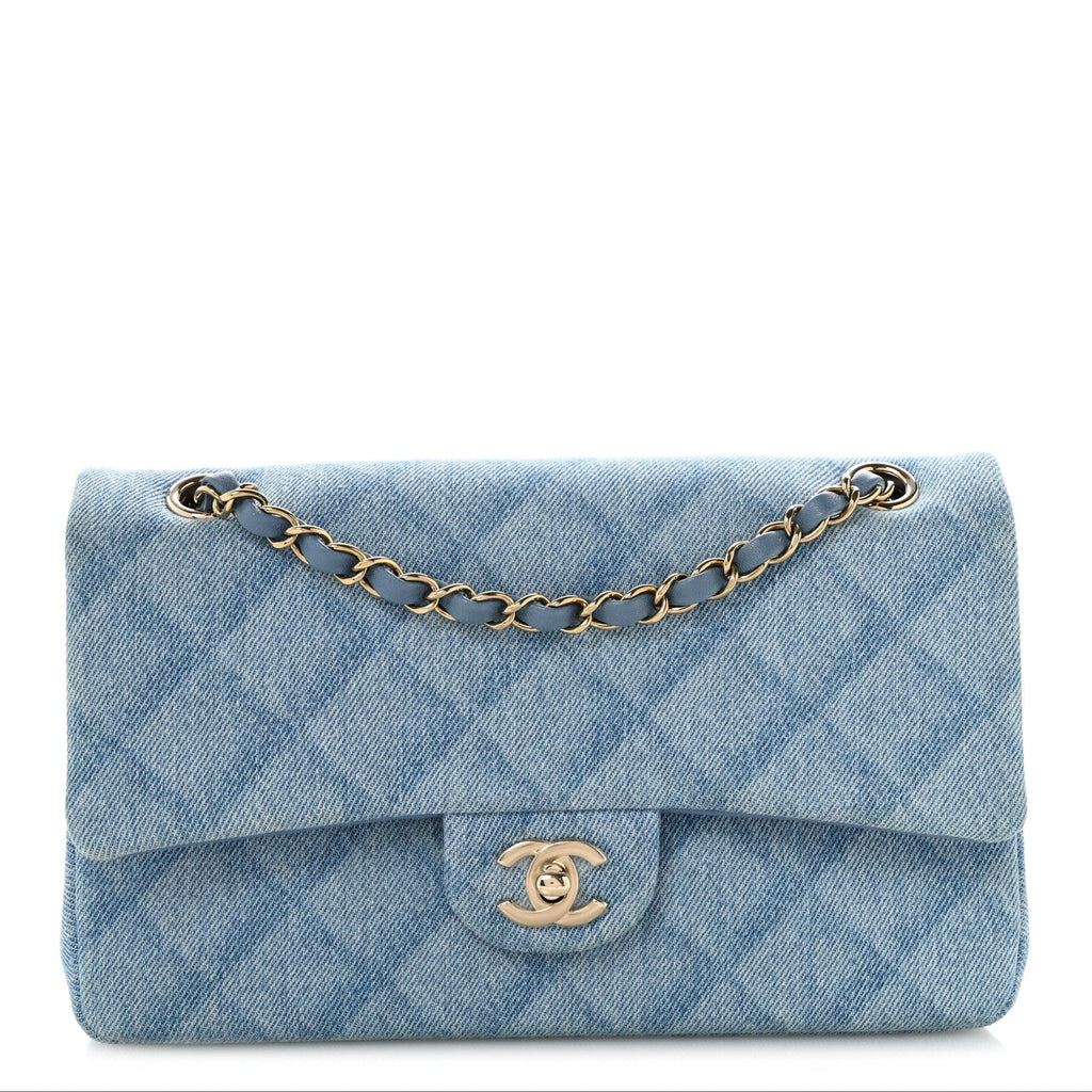 Printed Denim Quilted Medium Double Flap Light Blue