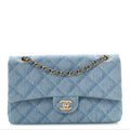 Printed Denim Quilted Medium Double Flap Light Blue