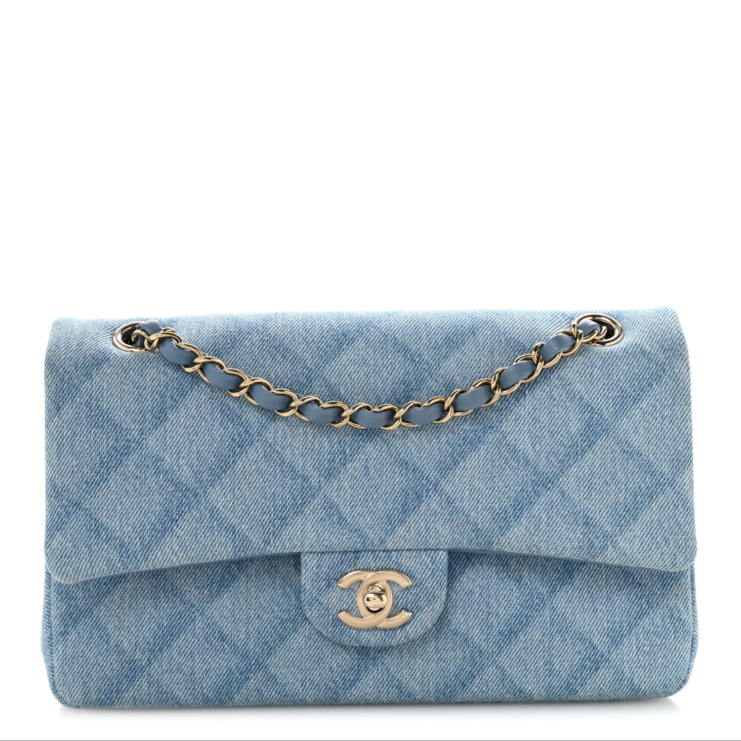 Printed Denim Quilted Medium Double Flap Light Blue