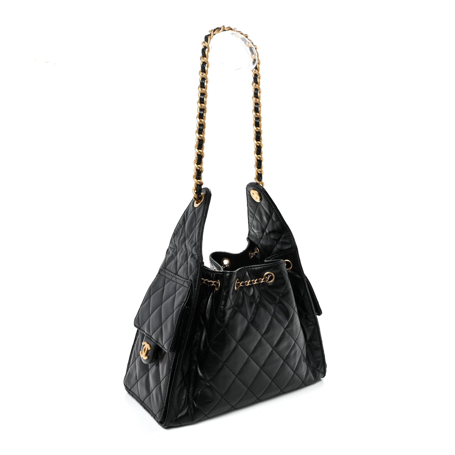 Shiny Crumpled Calfskin Quilted Small Chanel 25 Handbag Black