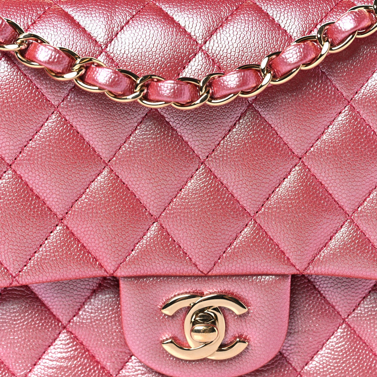 Iridescent Caviar Quilted Medium Double Flap Dark Pink