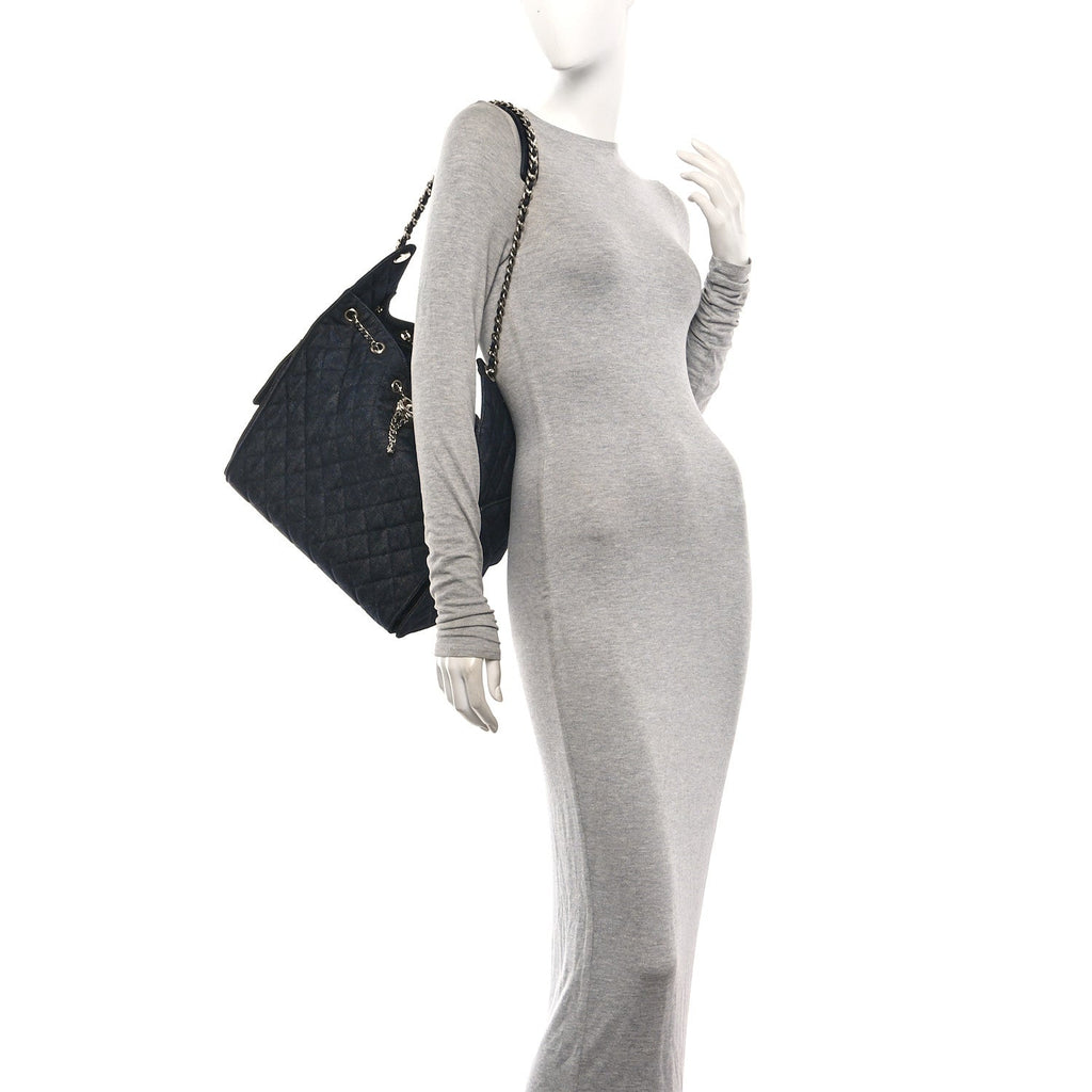 Denim Quilted Medium Chanel 25 Handbag Dark Blue