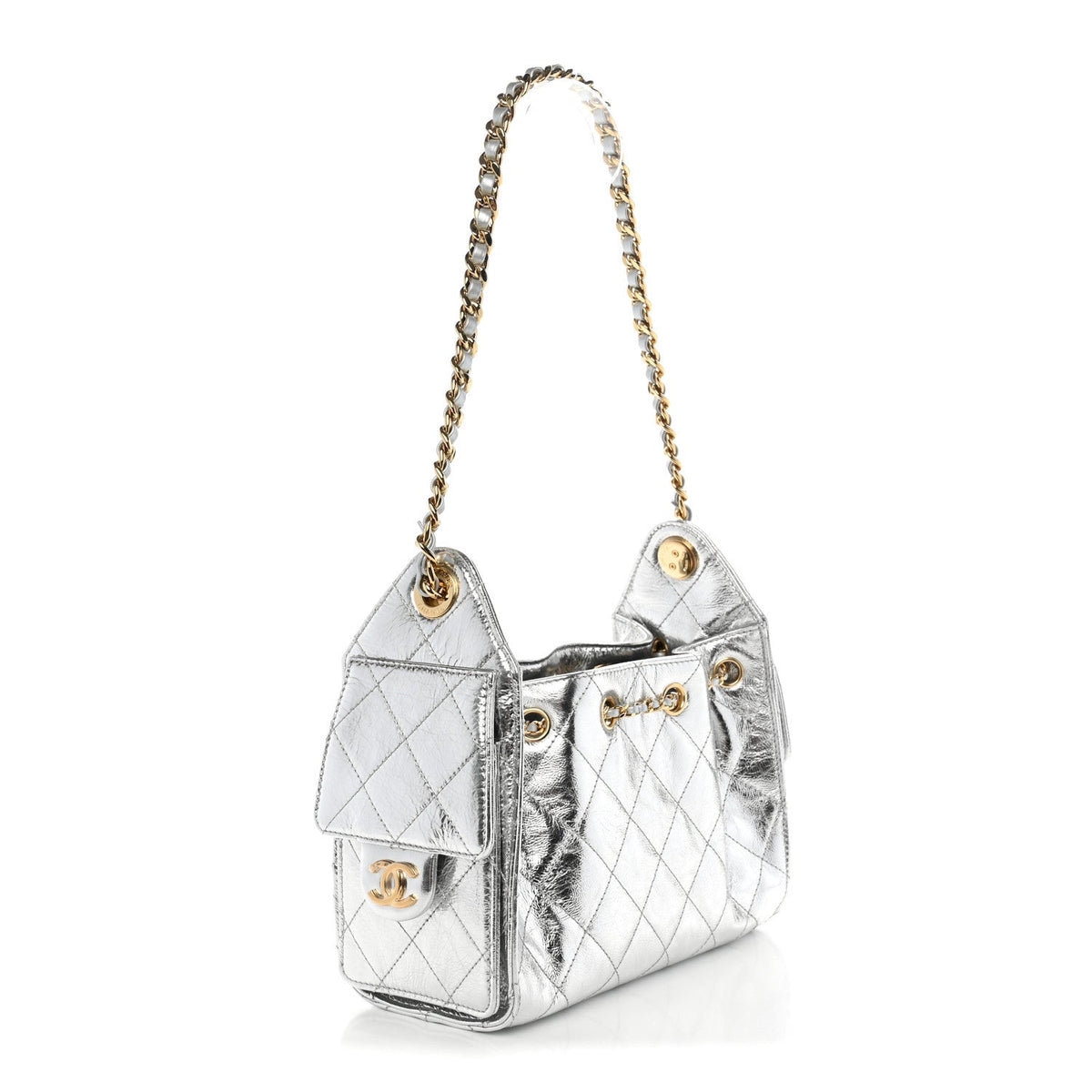 Metallic Aged Calfskin Quilted Mini Chanel 25 Handbag Silver