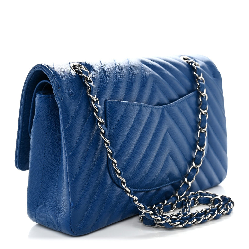 Caviar Chevron Quilted Medium Double Flap Blue