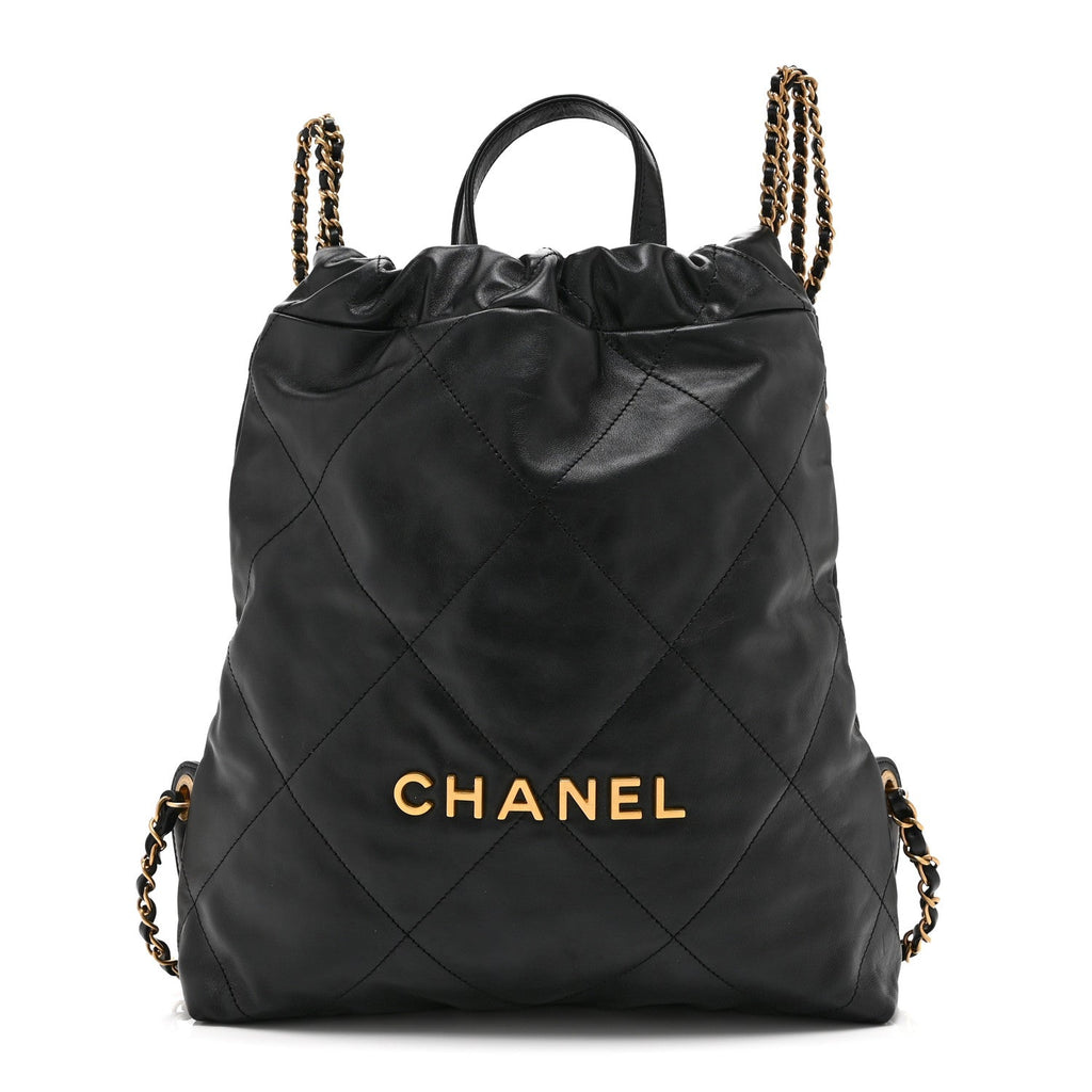 Shiny Calfskin Quilted Chanel 22 Backpack Black