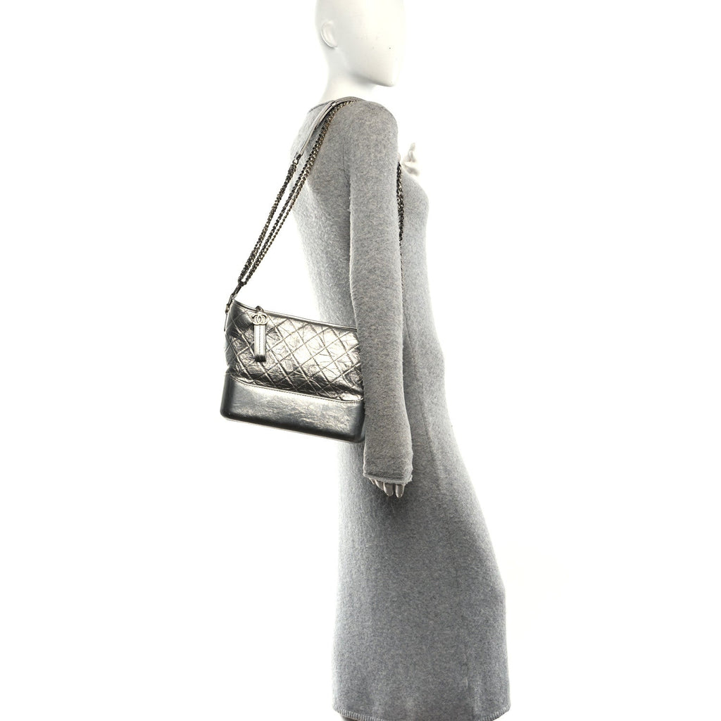 Metallic Lambskin Calfskin Quilted Medium Gabrielle Hobo Silver