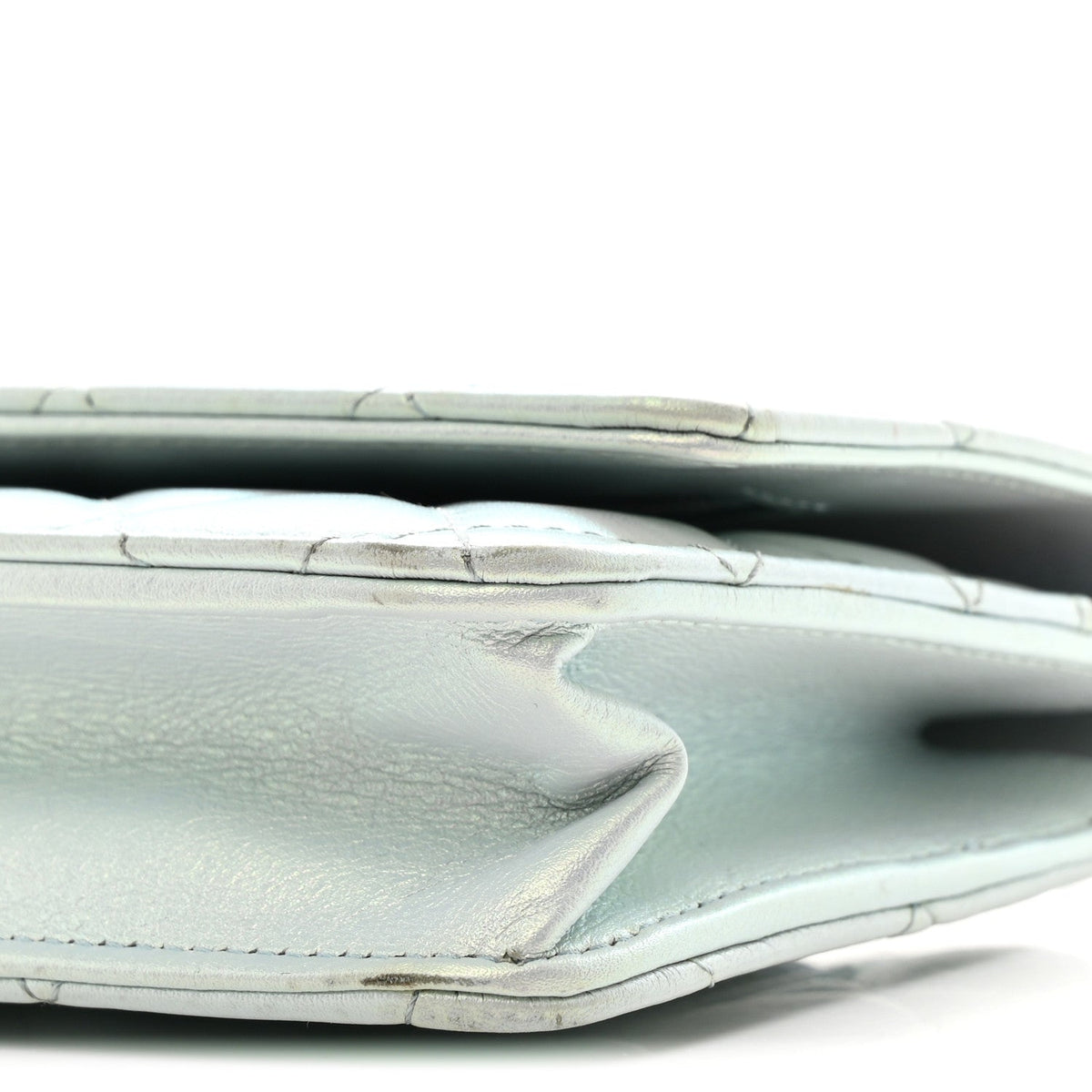 Iridescent Calfskin Quilted Wallet On Chain WOC Light Blue