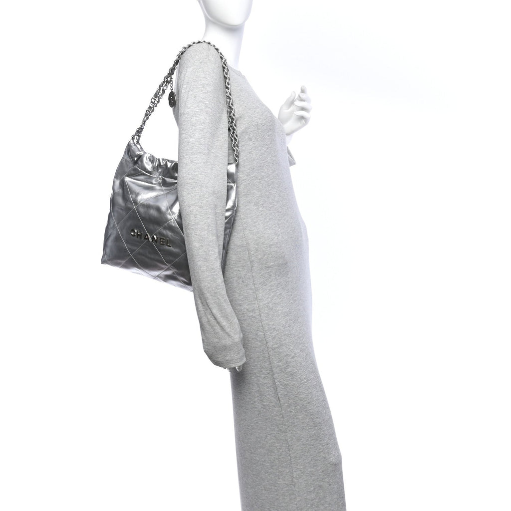 Metallic Calfskin Quilted Small Chanel 22 Silver