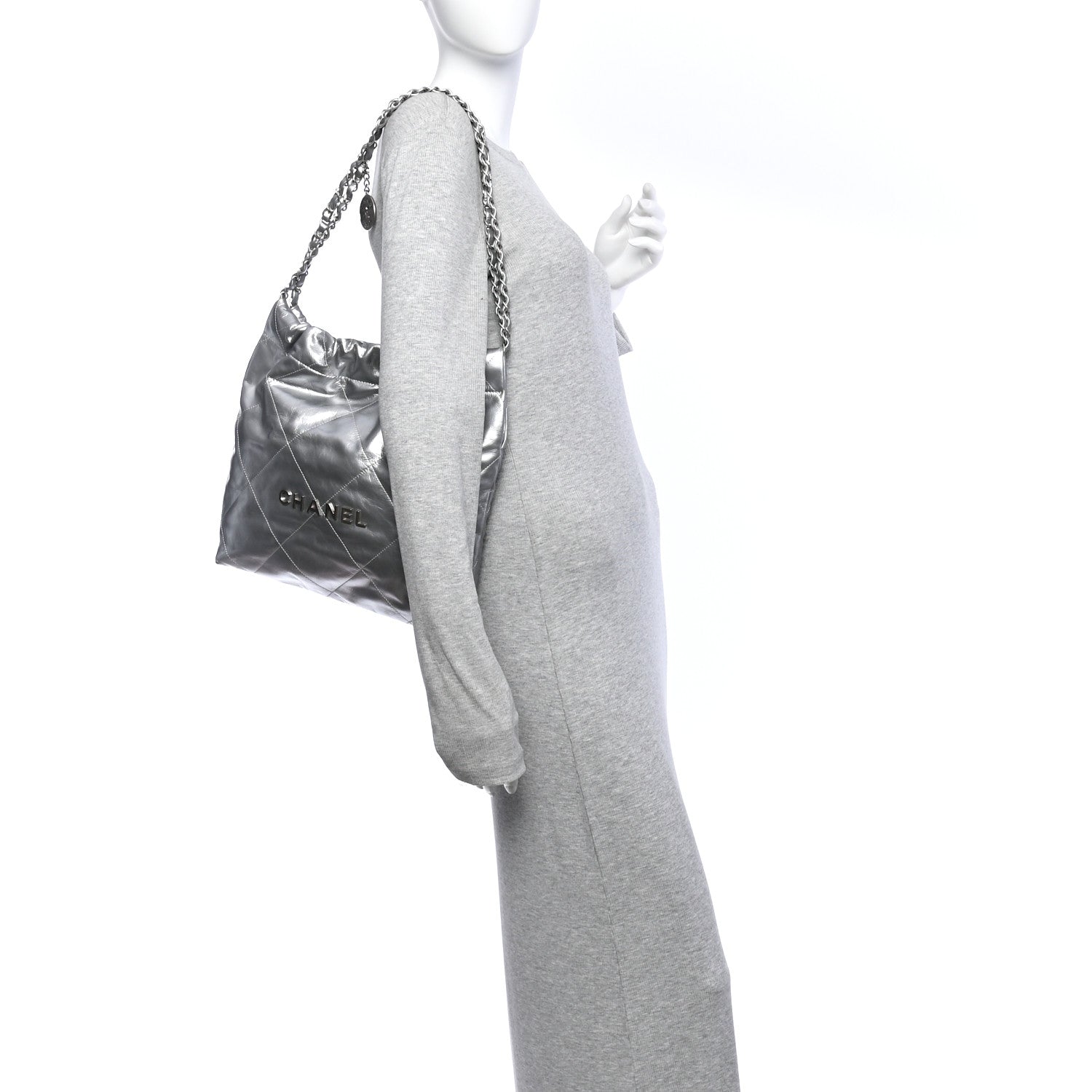 Metallic Calfskin Quilted Small Chanel 22 Silver