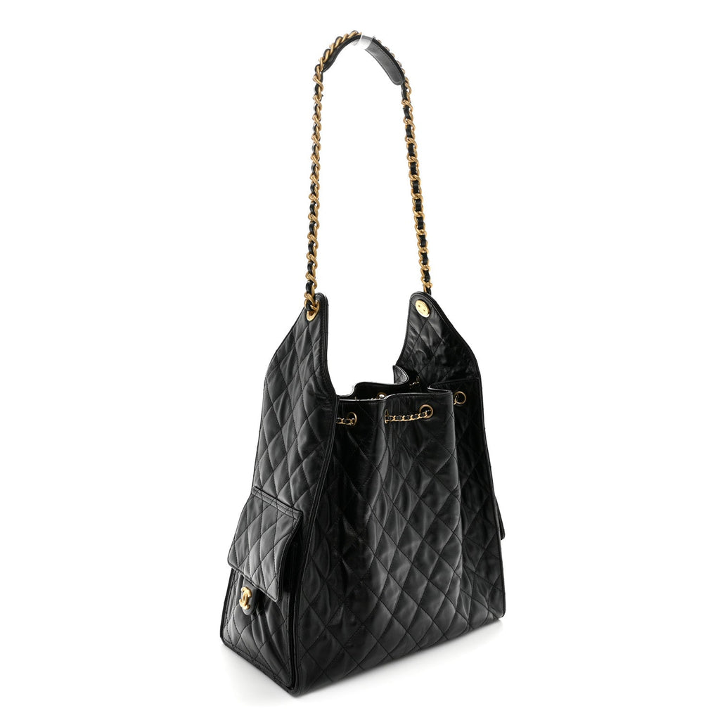 Shiny Crumpled Calfskin Quilted Medium Chanel 25 Handbag Black