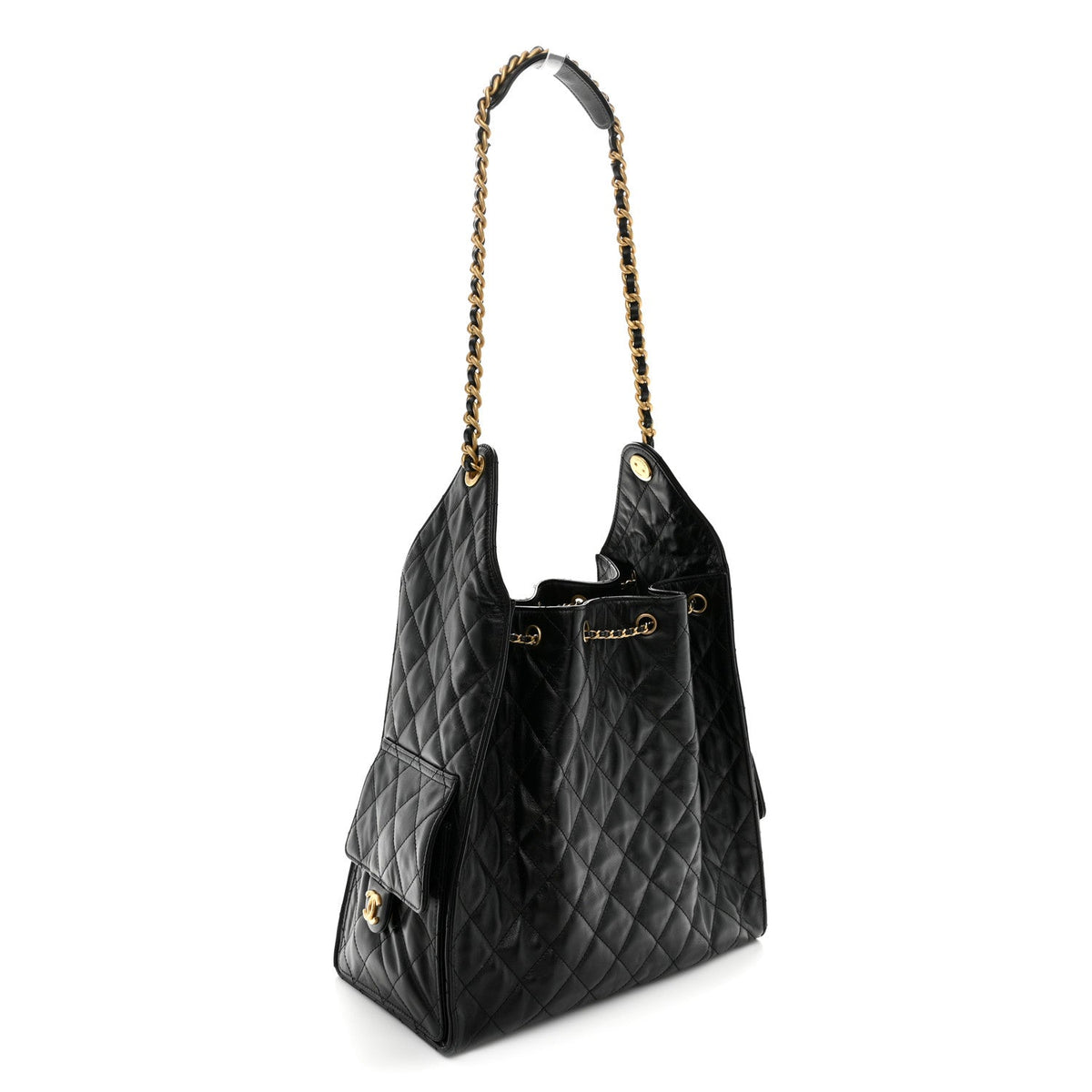 Shiny Crumpled Calfskin Quilted Medium Chanel 25 Handbag Black
