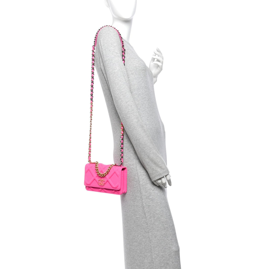 Jersey Quilted Chanel 19 Wallet On Chain WOC Pink