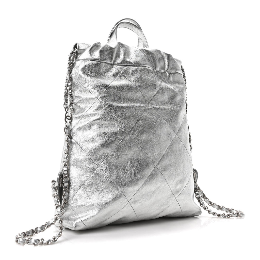 Metallic Calfskin Quilted Chanel 22 Backpack Silver