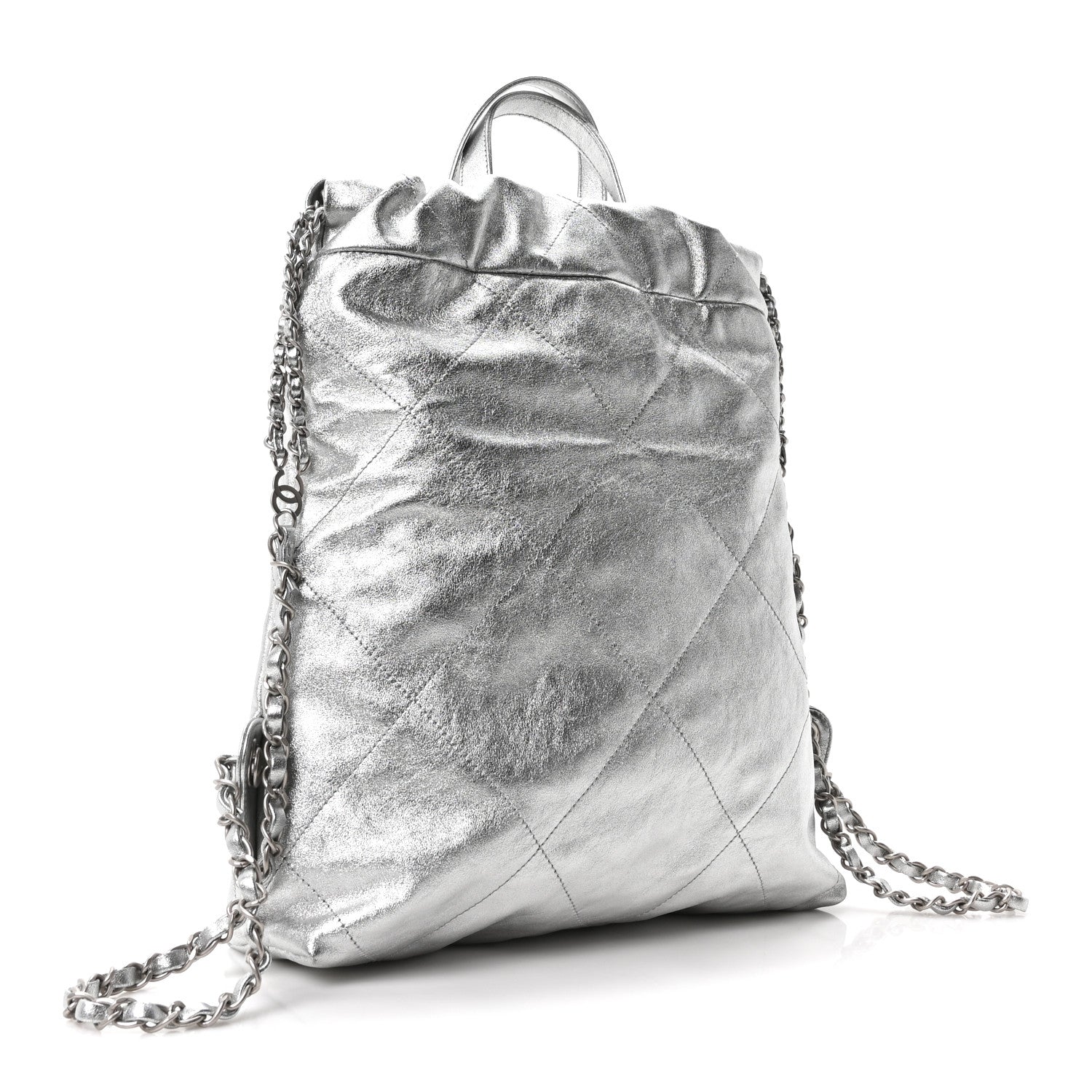 Metallic Calfskin Quilted Chanel 22 Backpack Silver