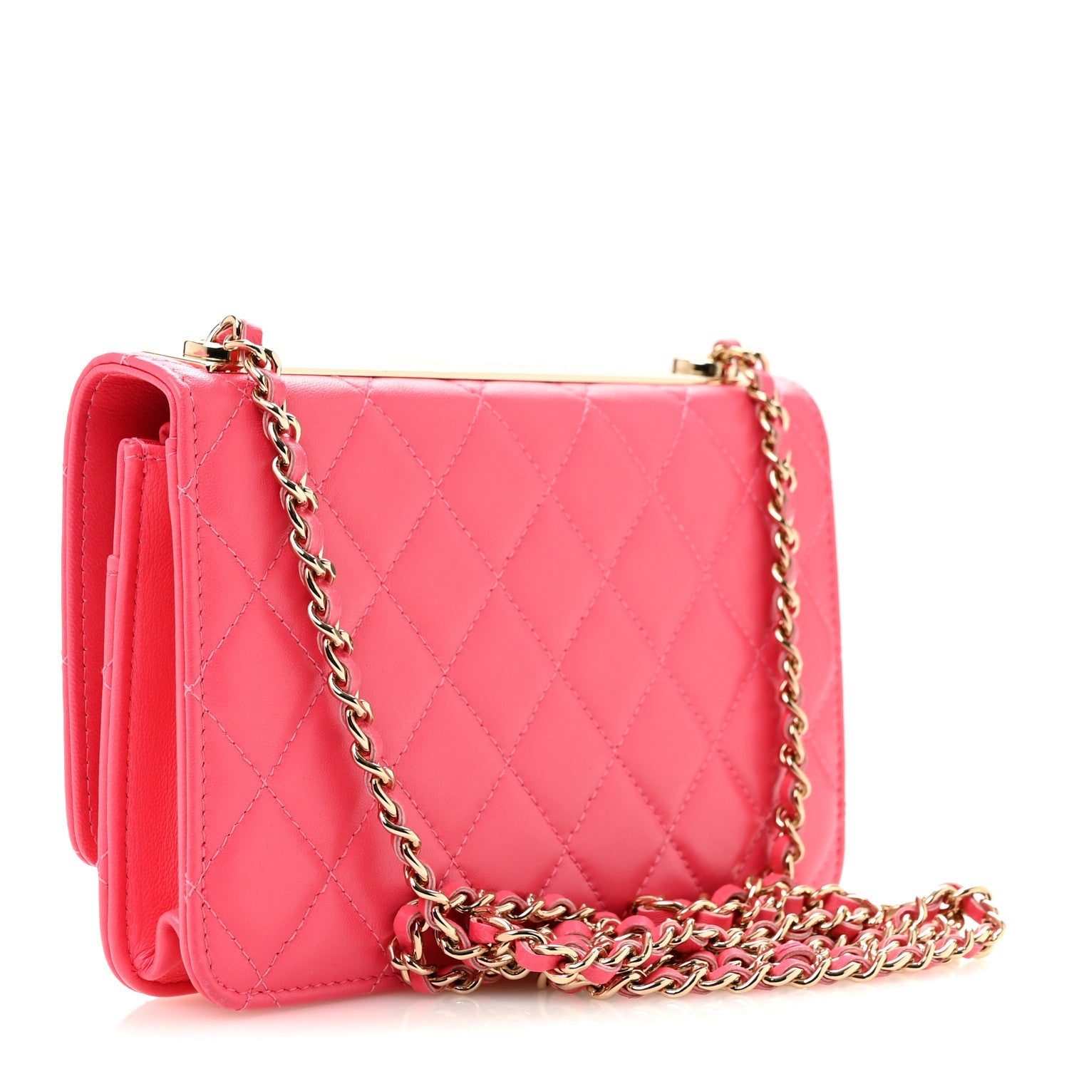 Lambskin Quilted Trendy CC Wallet On Chain WOC Pink