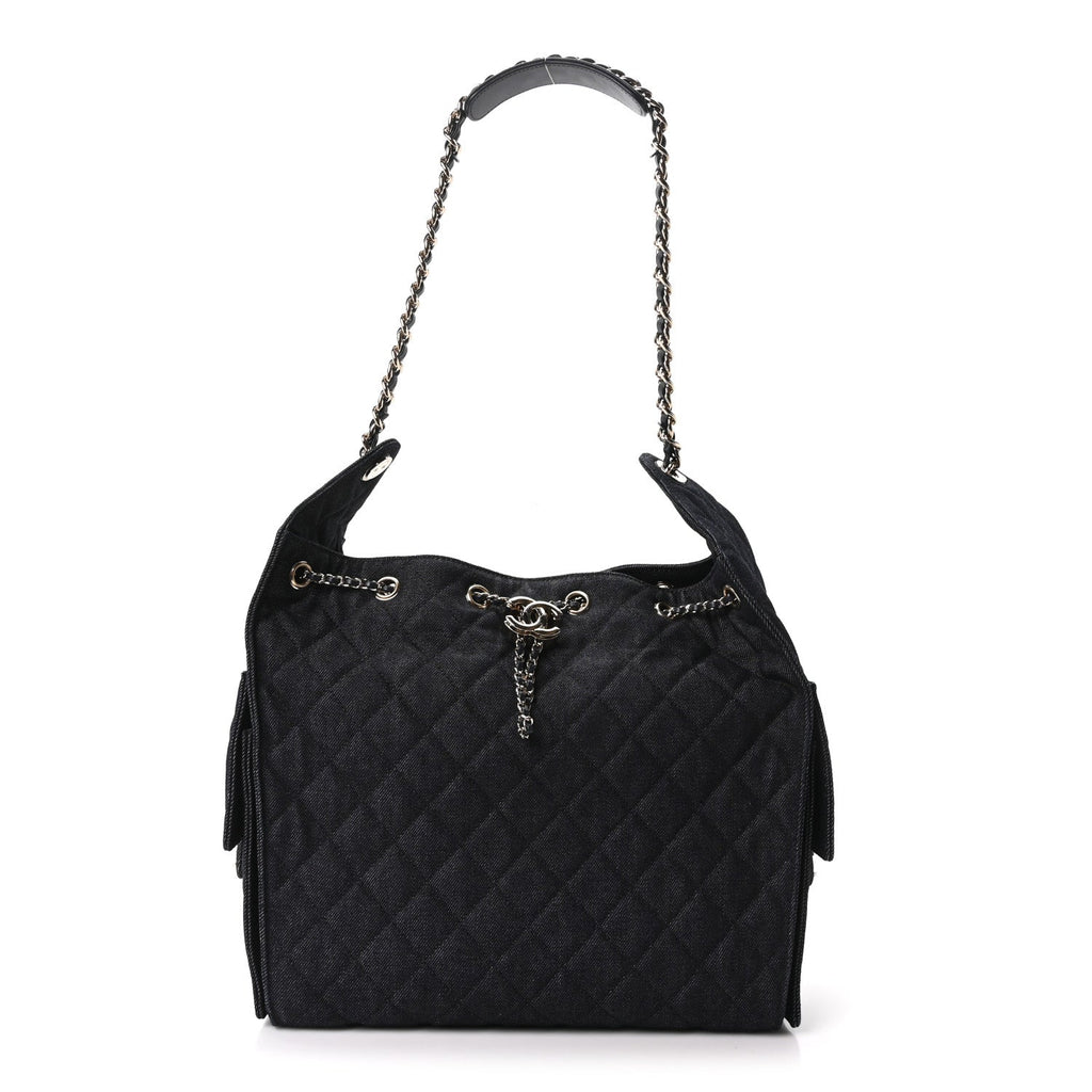 Denim Quilted Medium Chanel 25 Handbag Dark Blue