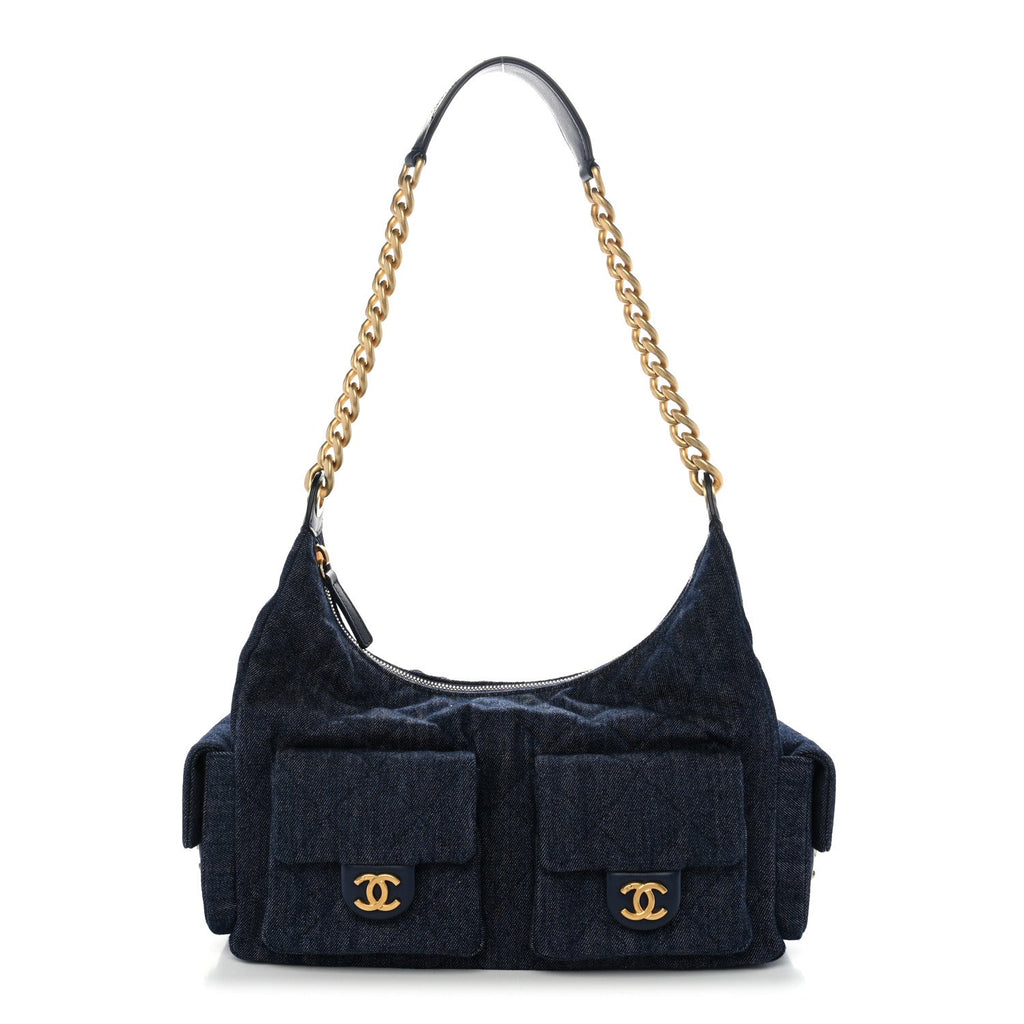 Washed Denim Quilted Maxi Trendy Pockets Hobo Dark Blue