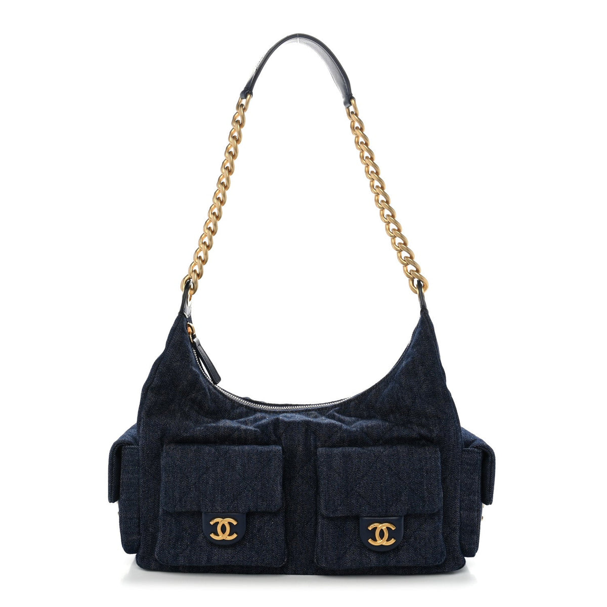 Washed Denim Quilted Maxi Trendy Pockets Hobo Dark Blue