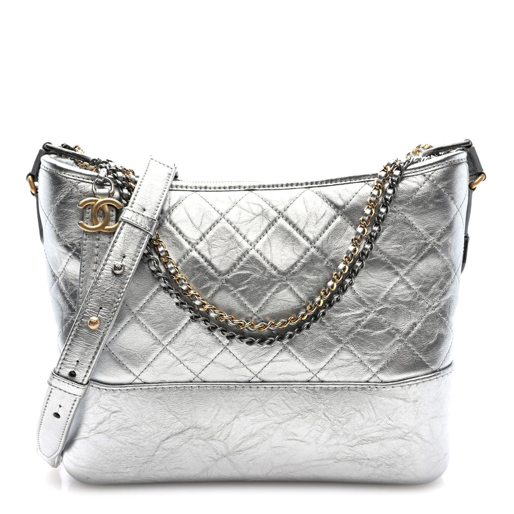 Metallic Lambskin Calfskin Quilted Medium Gabrielle Hobo Silver
