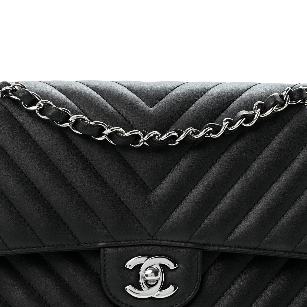 Lambskin Chevron Quilted Medium Double Flap Black