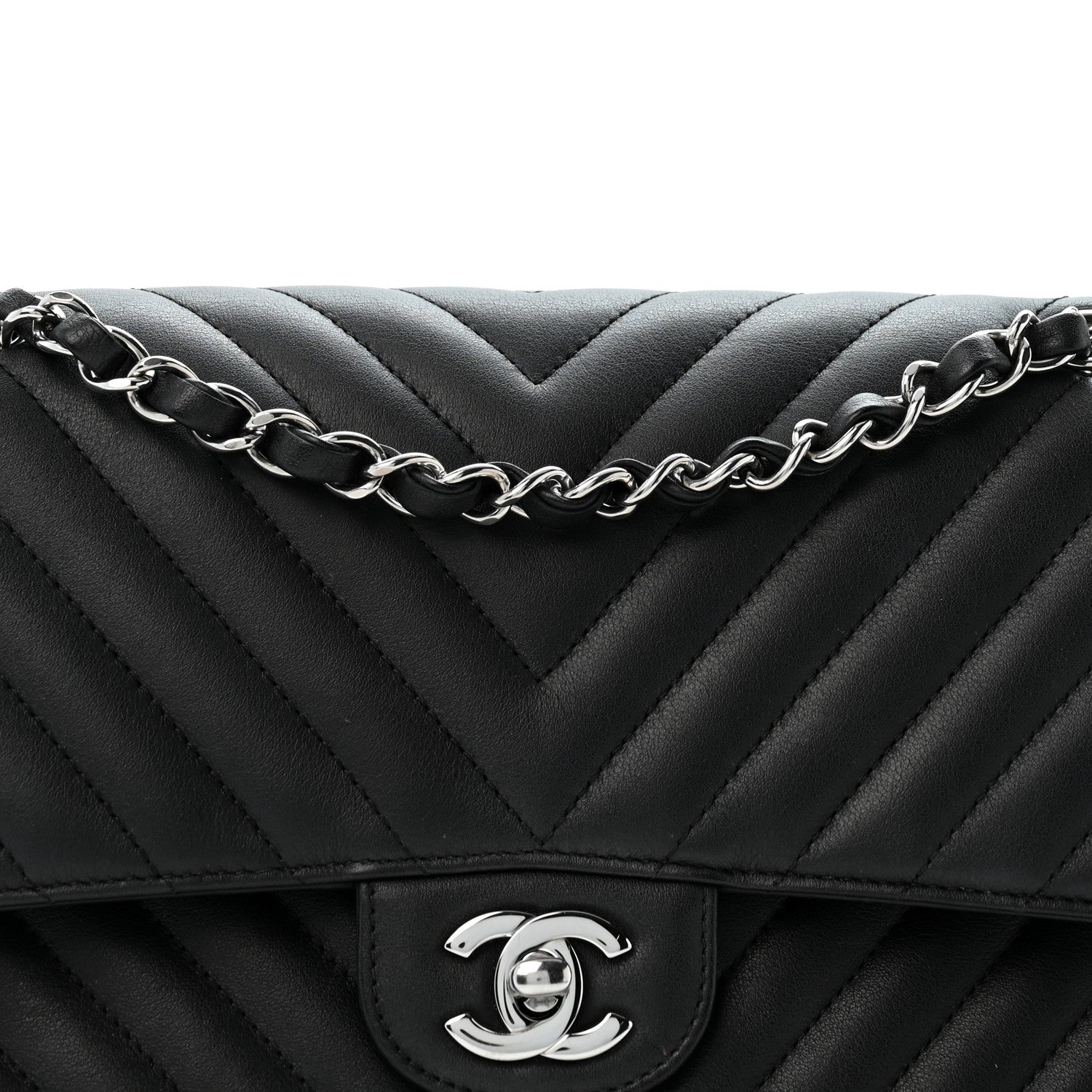 Lambskin Chevron Quilted Medium Double Flap Black