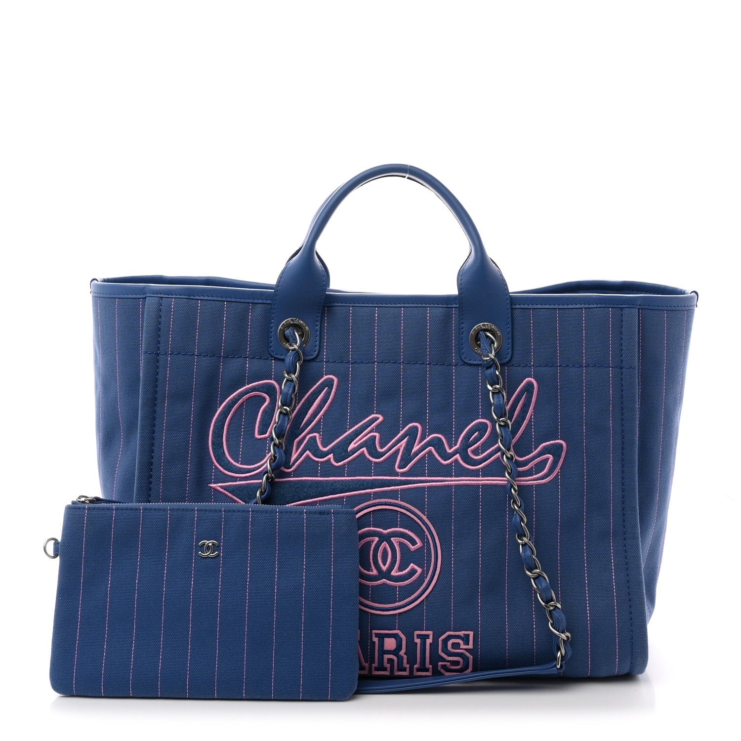 Canvas Calfskin Striped Medium Deauville Tote Blue