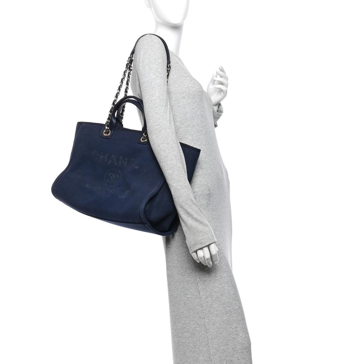 Mixed Fibers Calfskin Medium Deauville Tote Navy Blue