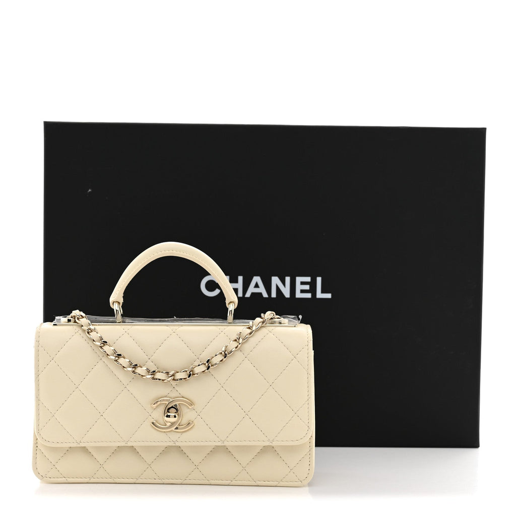 Lambskin Quilted Trendy CC Dual Handle Clutch With Chain Light Beige