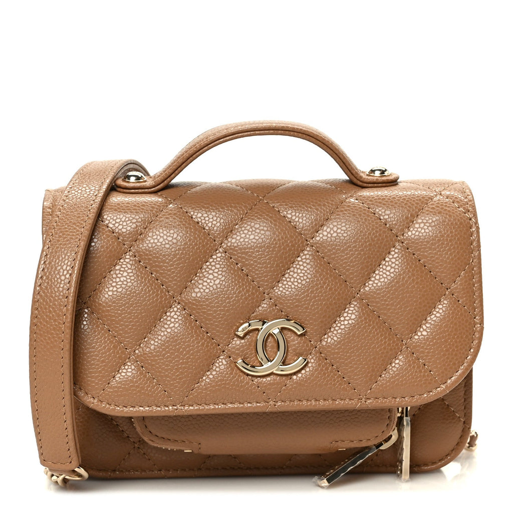 Caviar Quilted Business Affinity Clutch With Chain Flap Camel