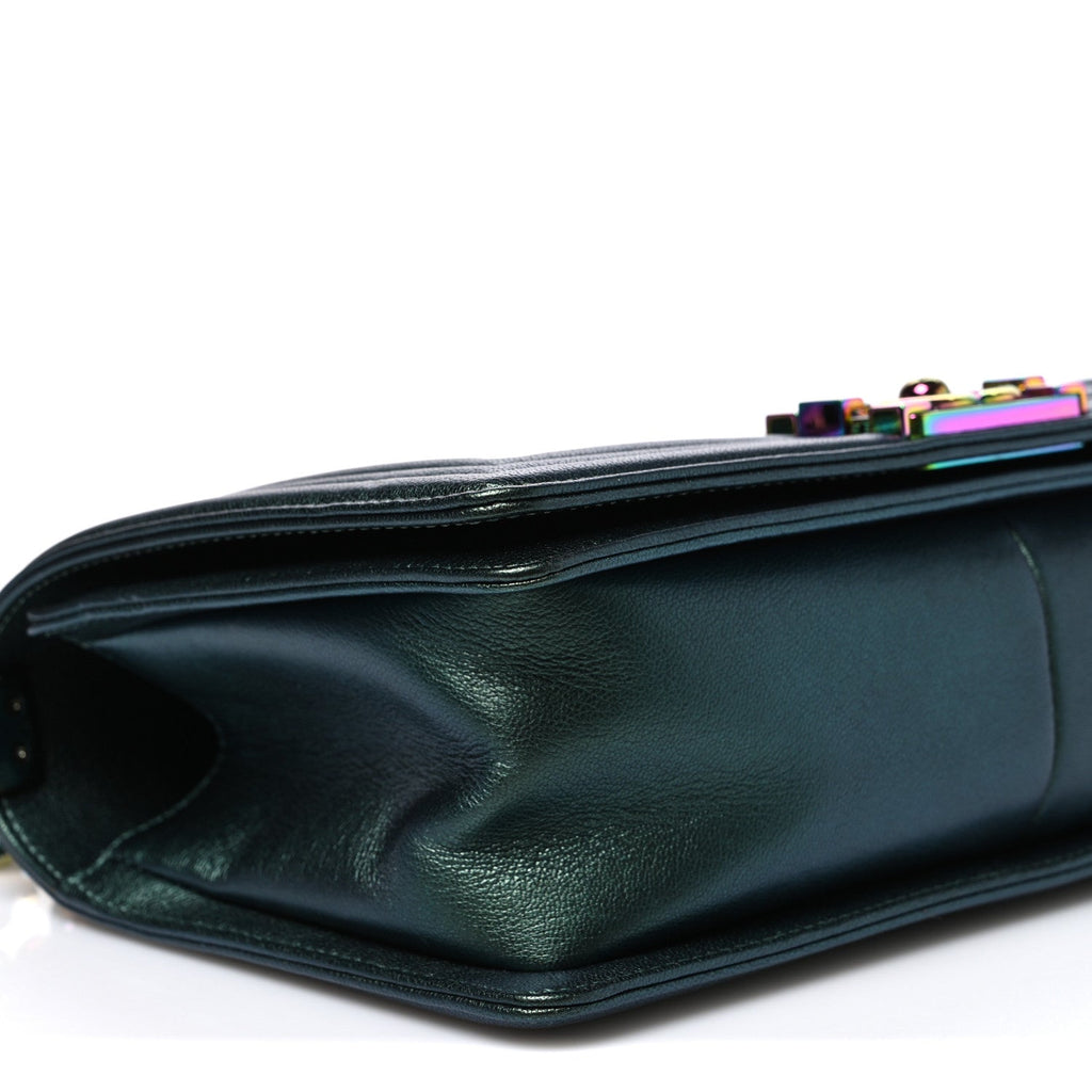 Iridescent Goatskin Quilted Medium Boy Flap Green