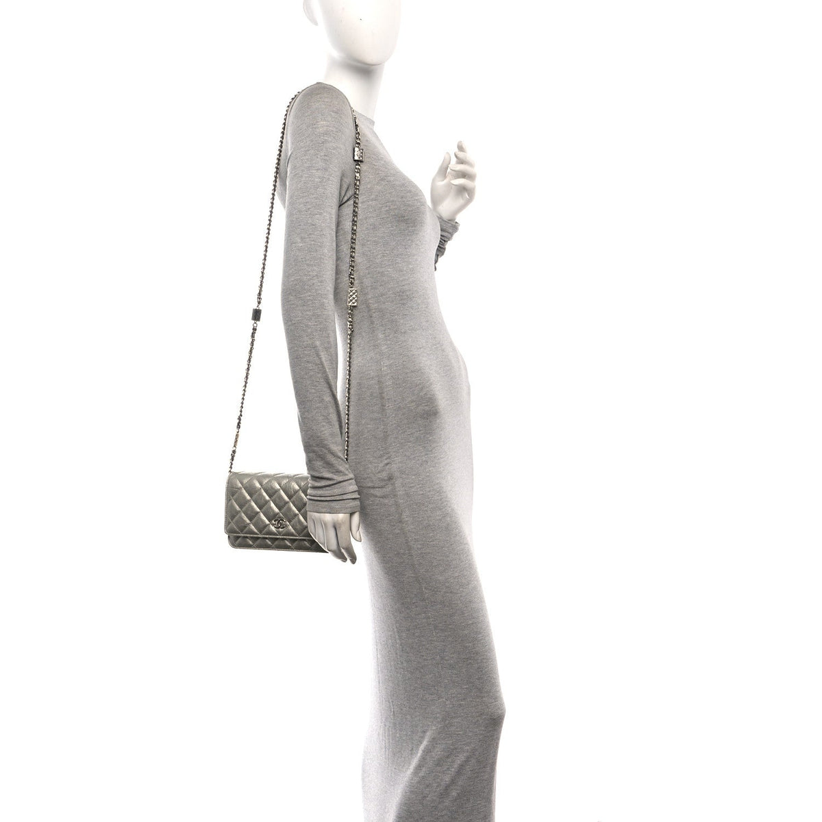Metallic Crumpled Calfskin Quilted Flap Charm Wallet On Chain WOC Silver