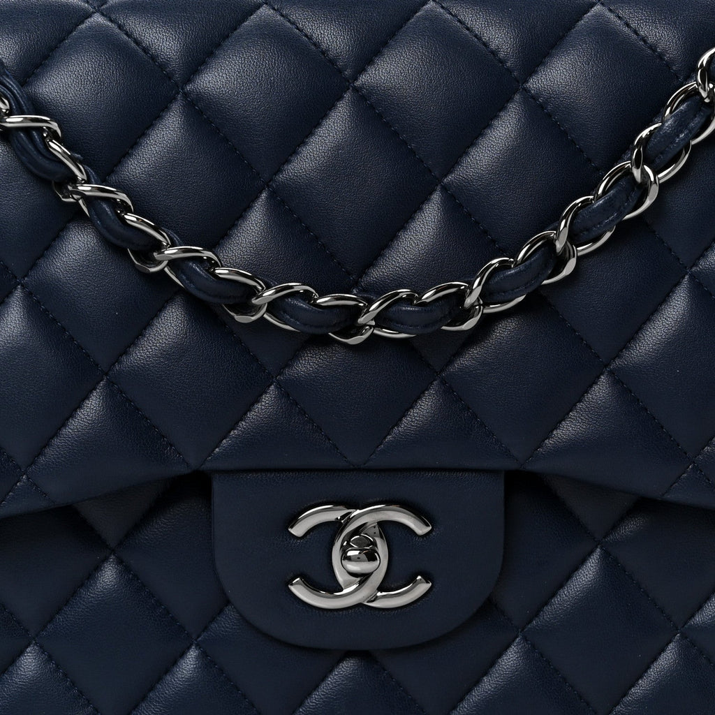 Lambskin Quilted Jumbo Double Flap Navy