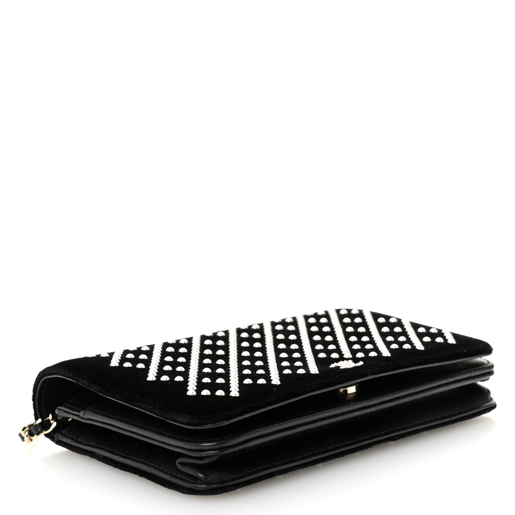 Velvet Pearl Diamond Embellished Wallet On Chain WOC Black