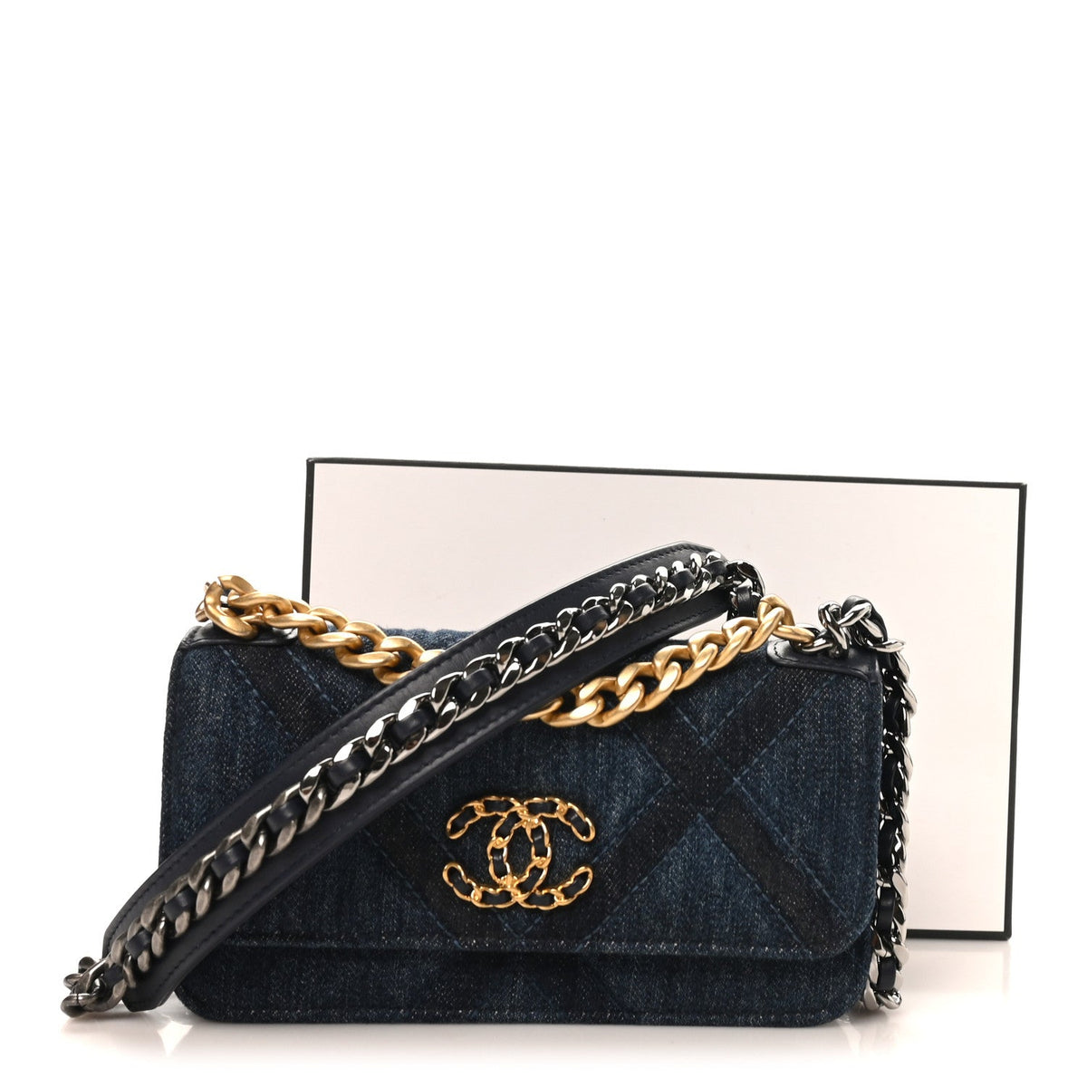 Denim Quilted Chanel 19 Flap Phone Holder With Chain Blue