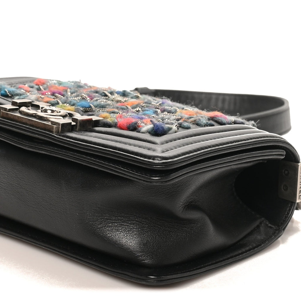 Calfskin Tweed Chain Small Boy Flap Black