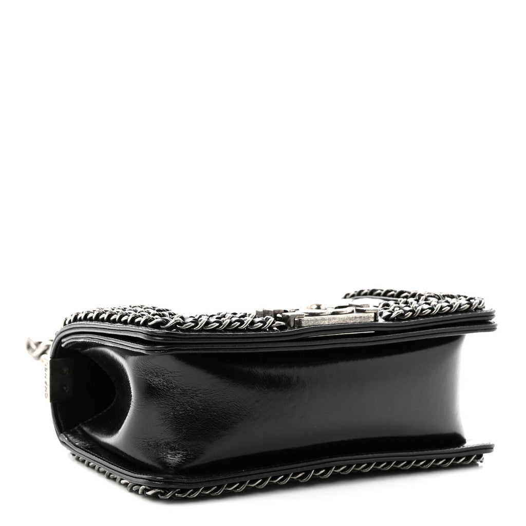 Glazed Calfskin Quilted Small Boy Chained Flap Black