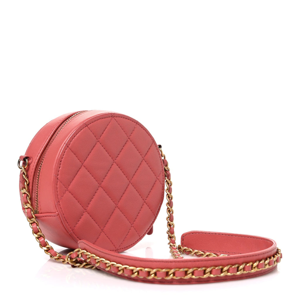 Goatskin Quilted Chanel 19 Round Clutch With Chain  Coral