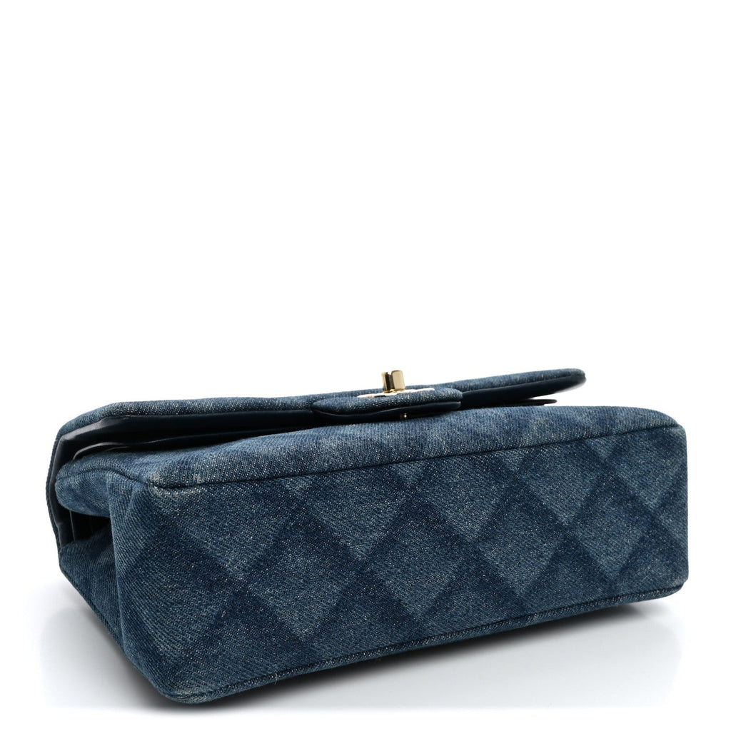 Printed Denim Quilted Small Double Flap Light Blue
