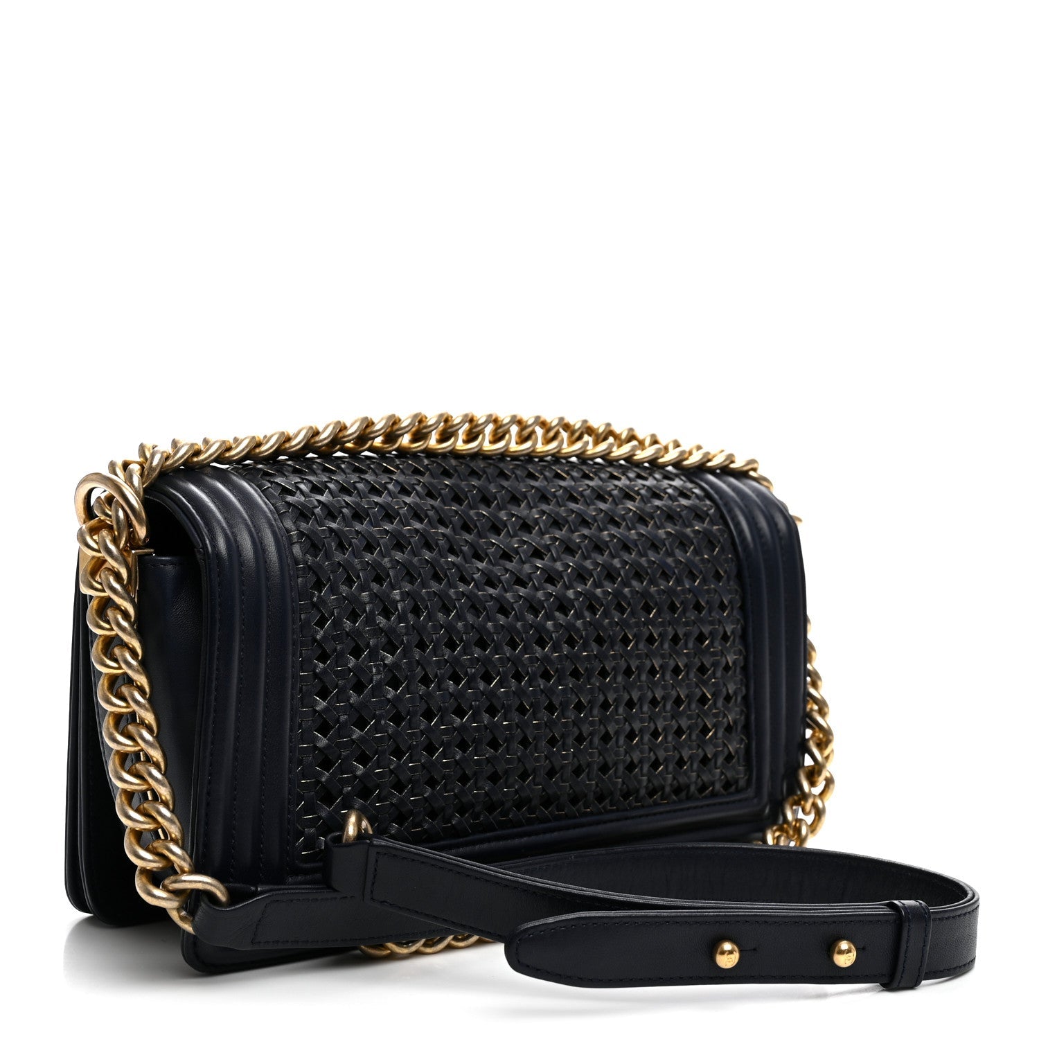 Lambskin Braided Woven Medium Boy Flap  Navy