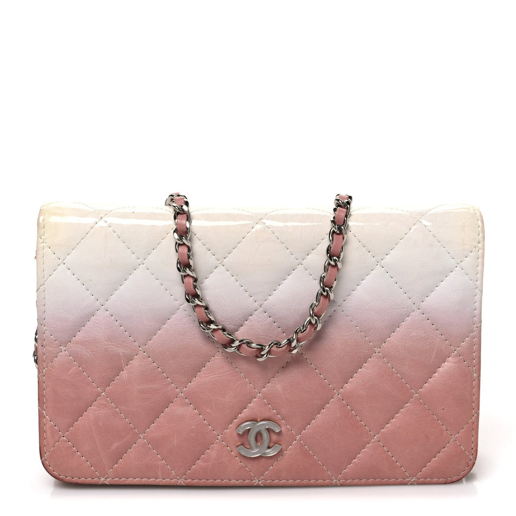 Ombre Patent Calfskin Quilted Wallet on Chain WOC Pink White