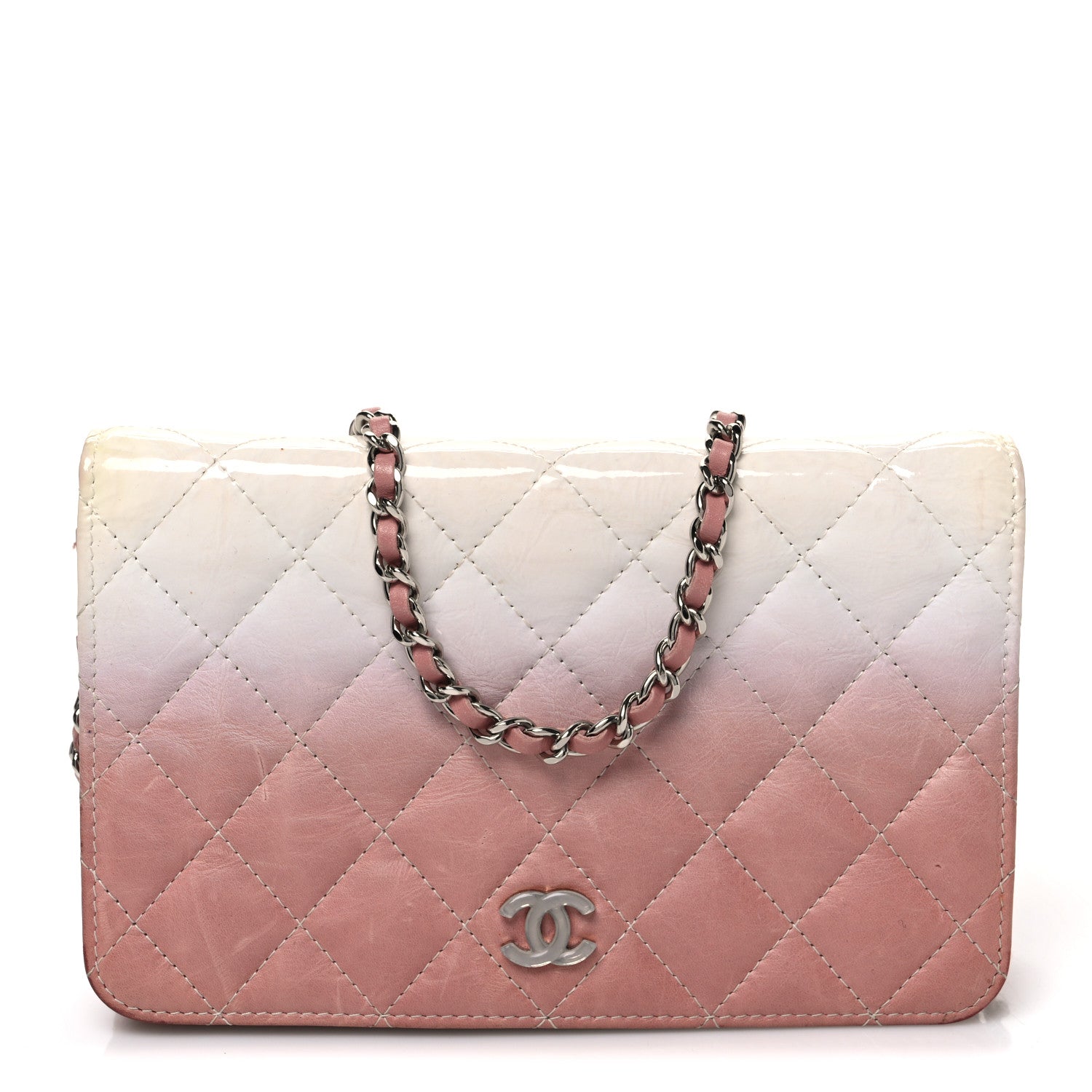 Ombre Patent Calfskin Quilted Wallet on Chain WOC Pink White